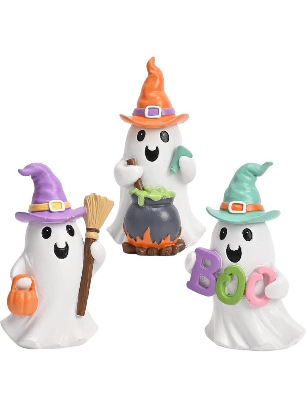 Valery 3Pcs Resin Halloween Ghosts Decor with Witch Hat Broom And for Home